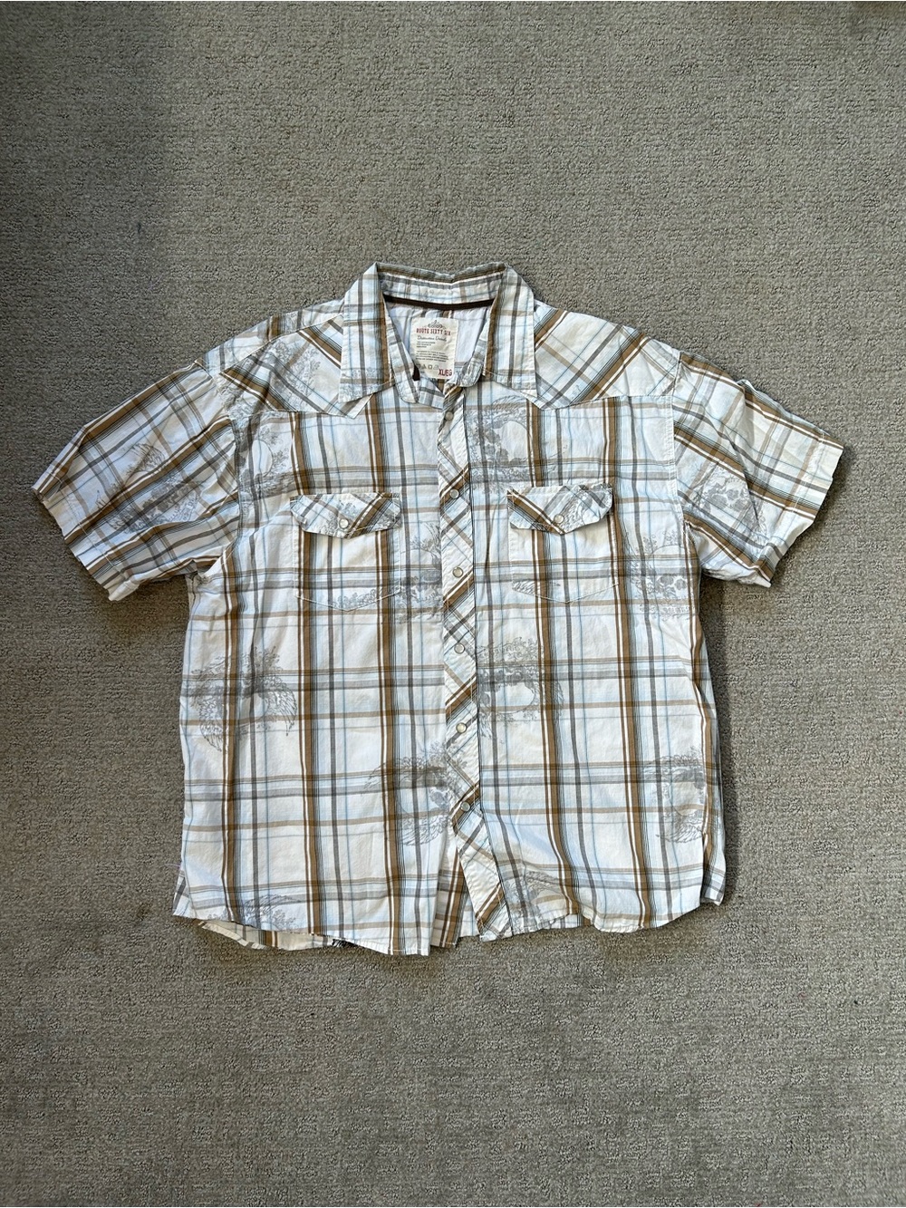 Vintage Route 66 Men's XL Short Sleeve Shirt White Brown Plaid Skull All Over